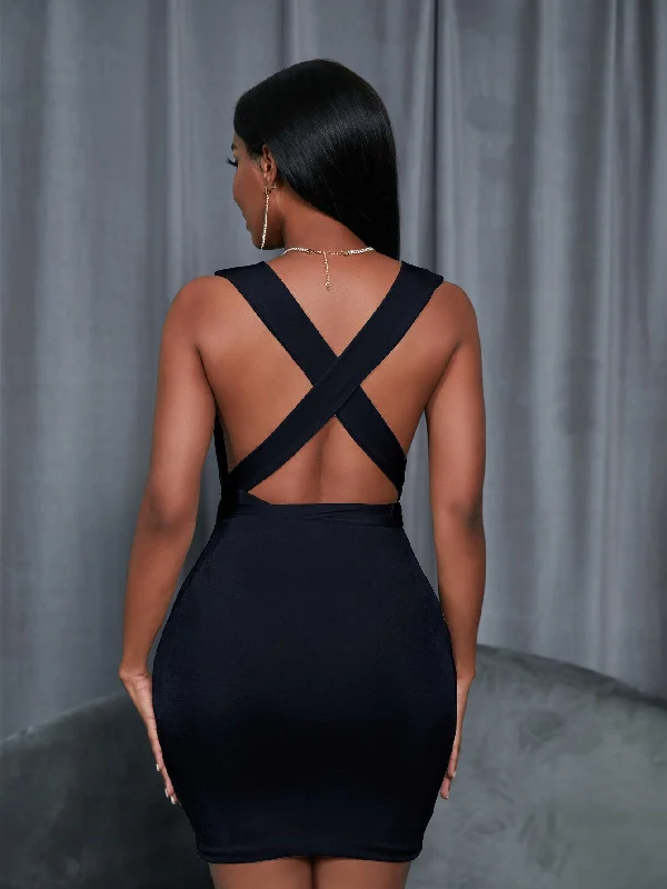 MegaBetty - Elastic Deep V Neck Backless bodycon Dress