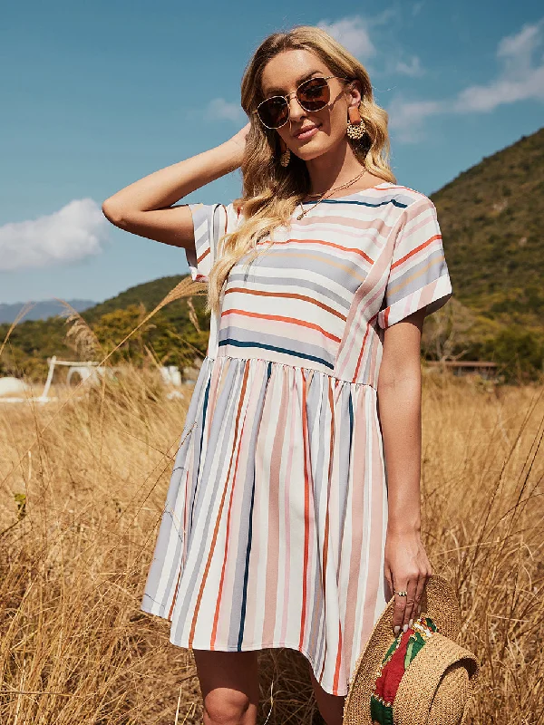 MegaBetty - Loose Short-sleeved Mid-length Round Neck Casual Striped Dress