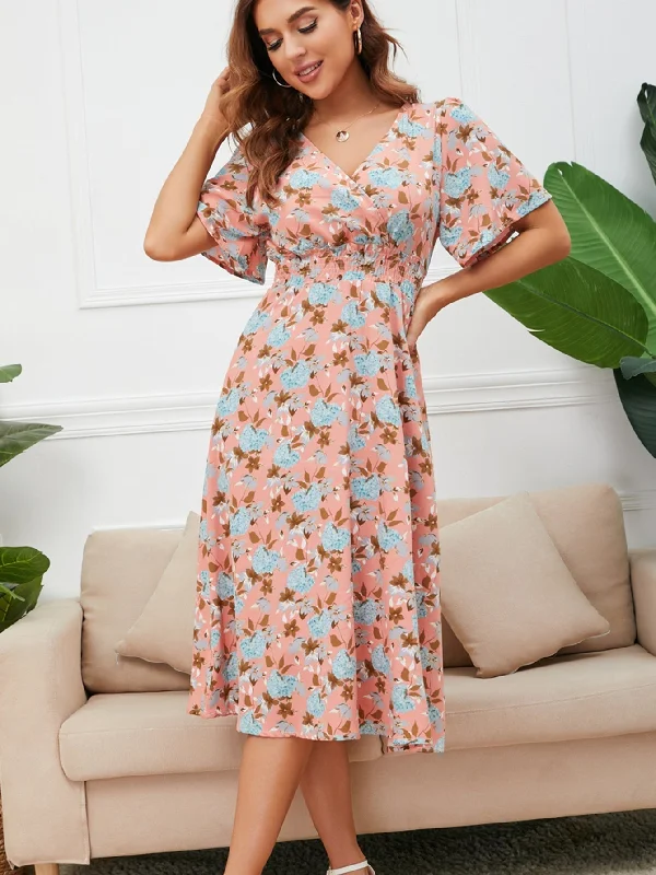 MegaBetty - Disty Floral Smocked Waist Back Detail Dress