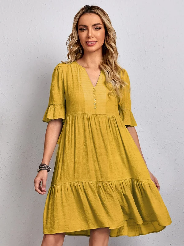 MegaBetty - Ruffles Hem V Neck Dress