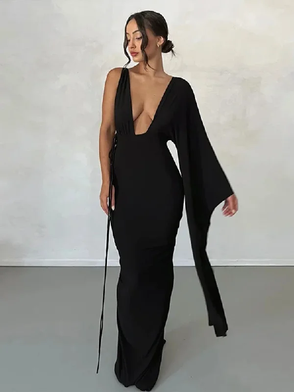 Elegant One Shoulder Chic V Neck Backless Nightclub Sexy Summer Maxi Dress