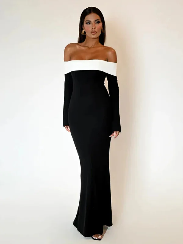 Patchwork Elegant Off Shoulder Nightclub Sexy Autumn Winter Maxi Dress