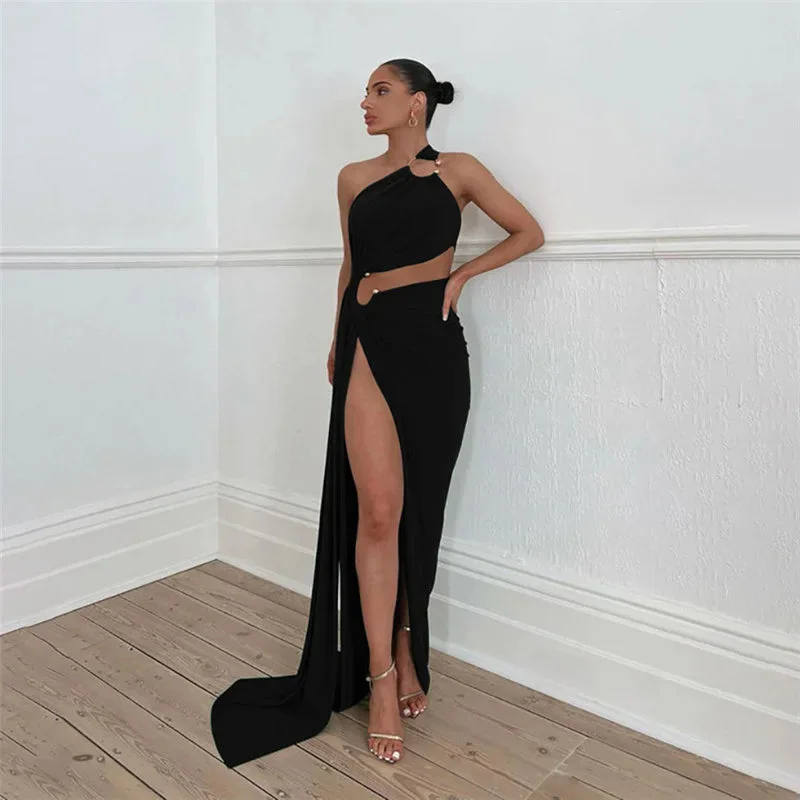 High Split Backless Sexy One Shoulder Elegant Summer Nightclub Maxi Dress