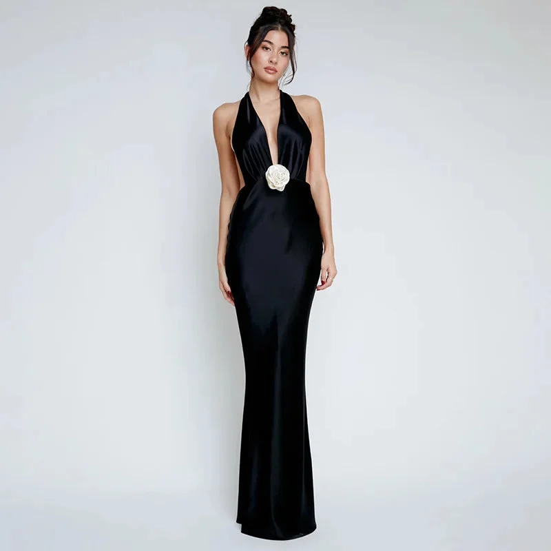 Satin Deep V Neck Sexy Halter Nightclub Long Spring Summer Maxi Dress