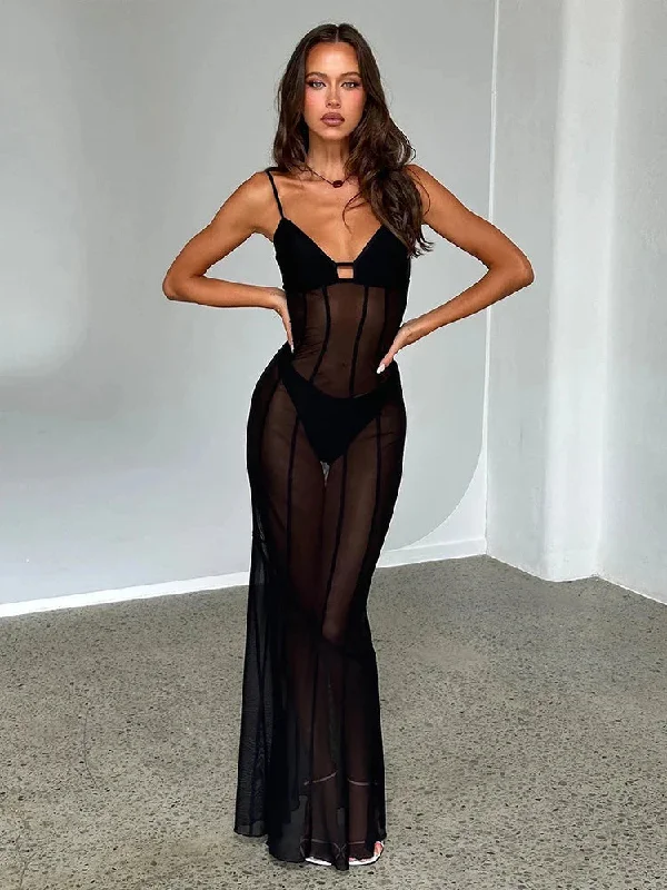 Perspective Mesh Sexy Spaghetti Strap Slim Bodycon Long Spring Summer Maxi Dress