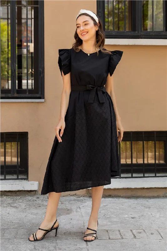 Belted Scalloped Detail Dress - black  REF : BBS069ELB0001101