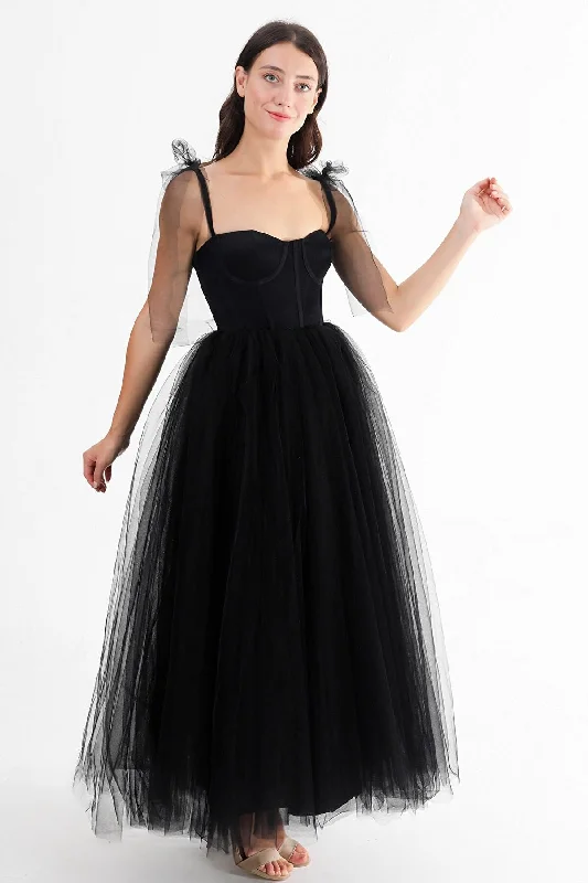 black Midi Length Tulle Evening Dress REF :  LM2020TA001