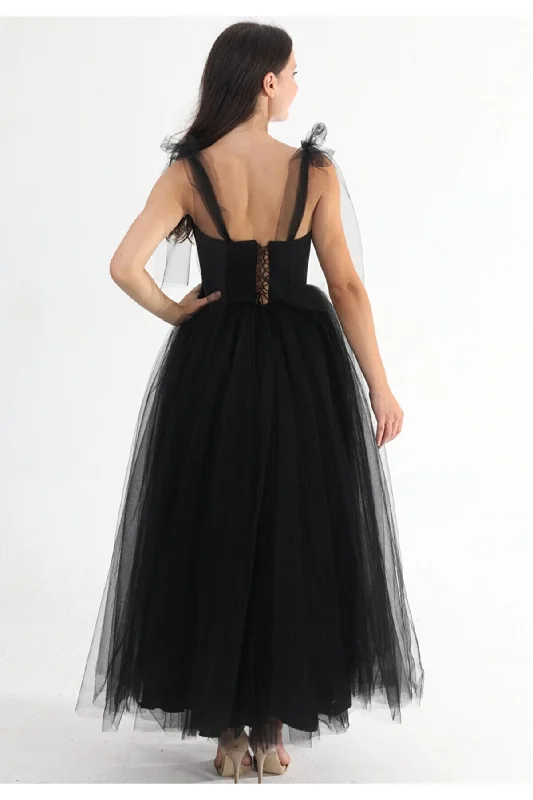 black Midi Length Tulle Evening Dress REF :  LM2020TA001