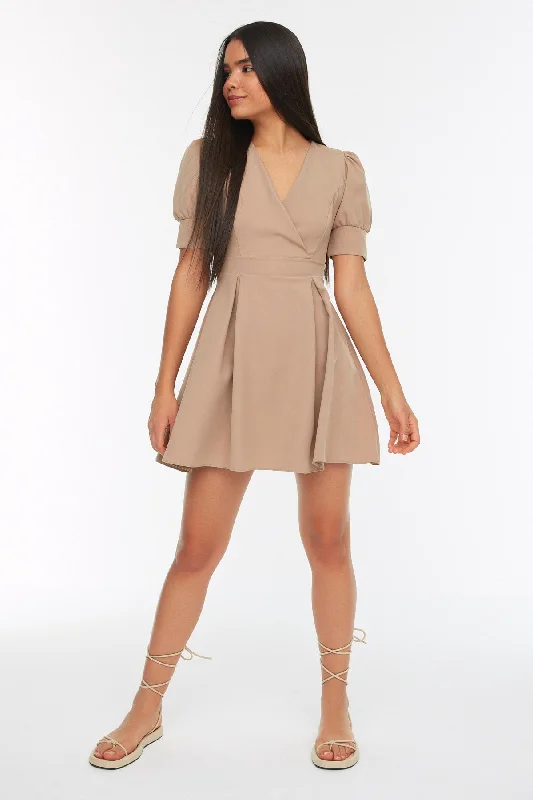 Camel Double Breasted Collar Dress REF:  TWOSS20EL1639