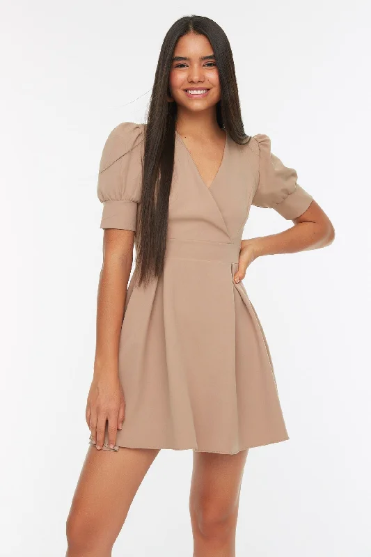 Camel Double Breasted Collar Dress REF:  TWOSS20EL1639