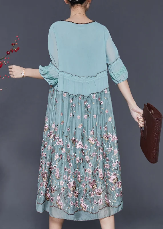 Casual Blue Embroidered Ruffled Silk Dress Half Sleeve SD1097