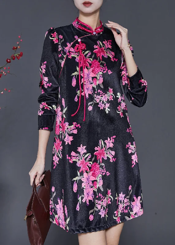 Chinese Style Black Print Silk Velvet Mini Dresses Spring SD1101