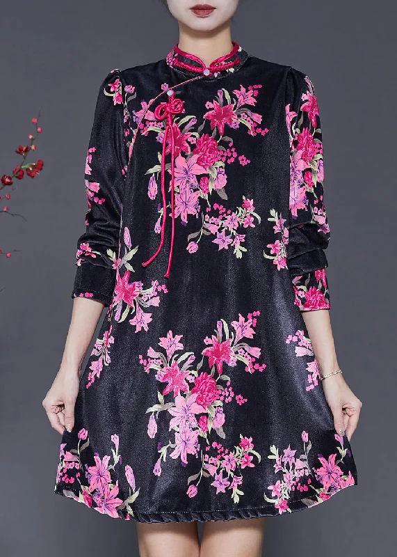 Chinese Style Black Print Silk Velvet Mini Dresses Spring SD1101