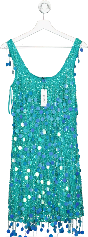 Coast Green Embellished Tassel Sequin Mini Dress UK 8