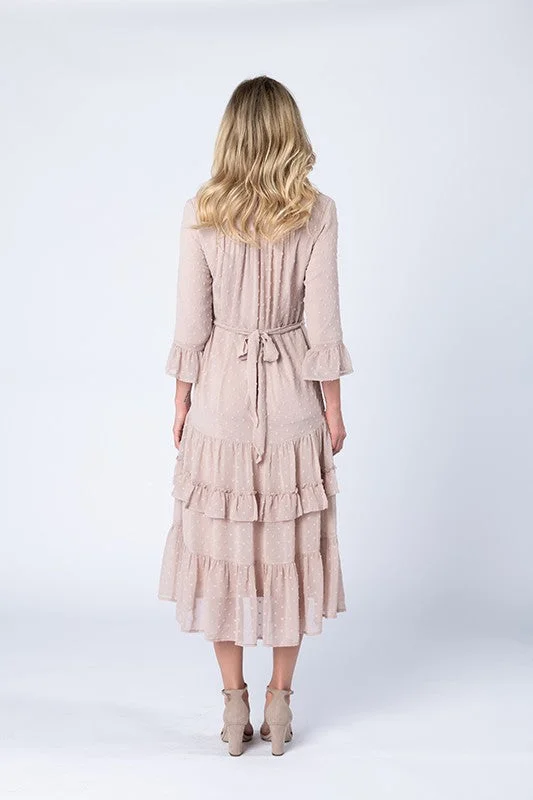 Daria Swiss Dot Tier Midi Dress in Mauve