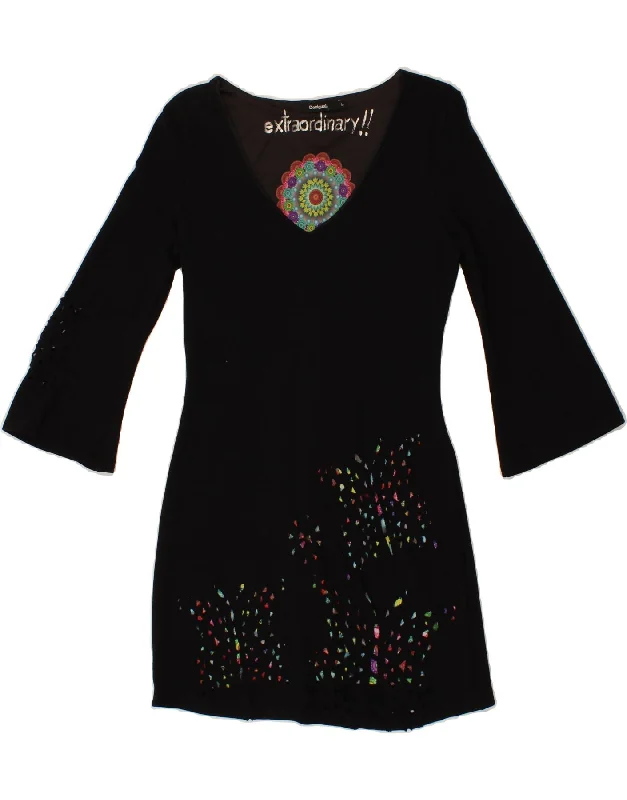 DESIGUAL Womens Graphic 3/4 Sleeve Sheath Dress UK 12 Medium Black Spotted