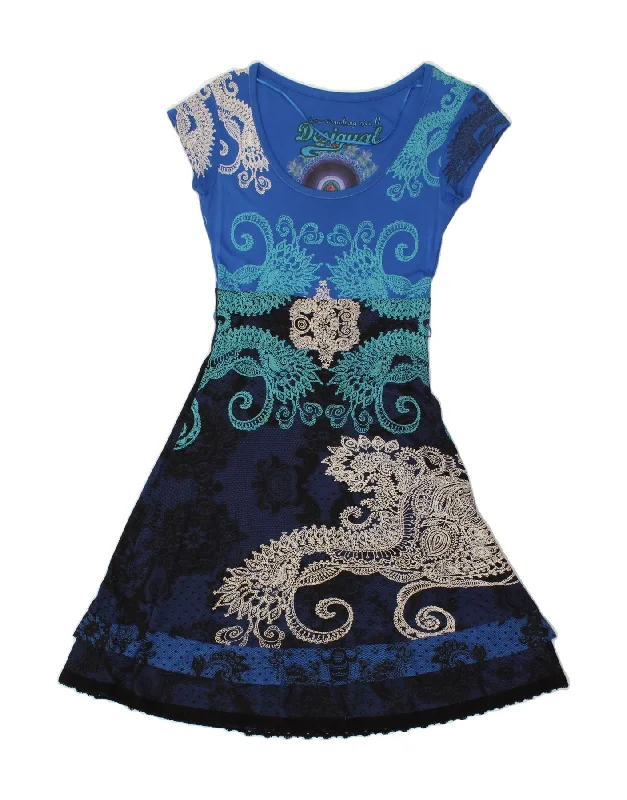 DESIGUAL Womens Graphic A-Line Dress UK 8 Small Navy Blue Paisley Viscose