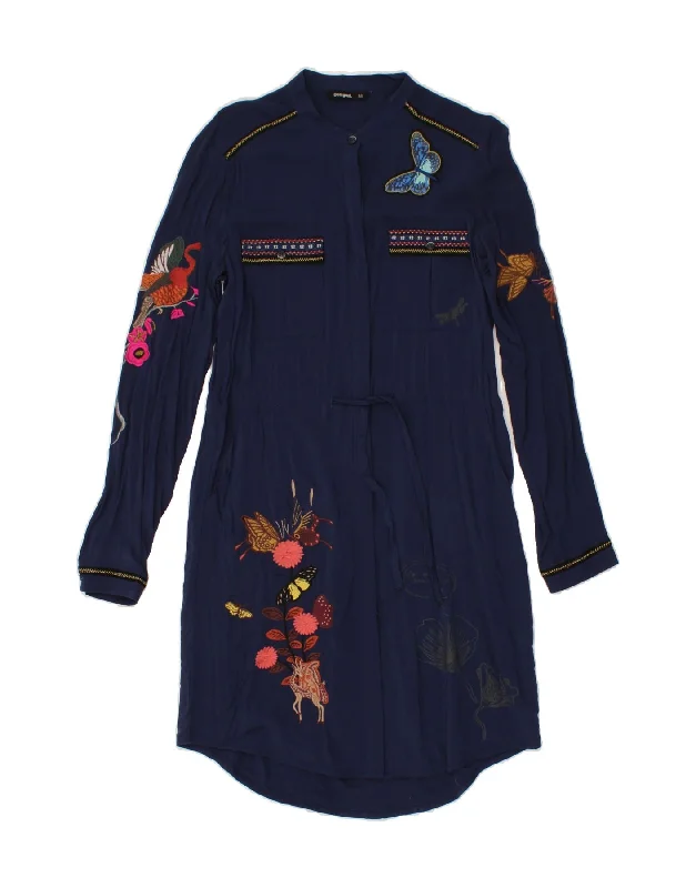 DESIGUAL Womens Long Sleeve Shirt Dress EU 38 Medium Navy Blue Floral