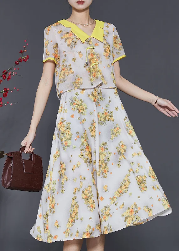 Diy Yellow Tasseled Print Draping Chiffon Long Dress Summer SD1059