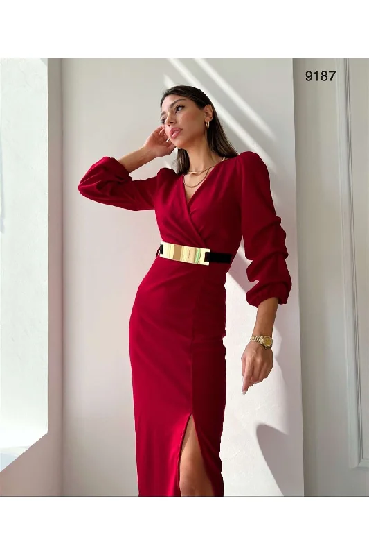 Double Breasted Collar Slit Dress - RED REF : 9187