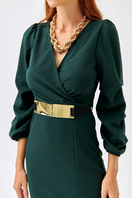 Double Breasted Neck Slit DETAILED EMERALD GREEN DRESS REF : TB11097