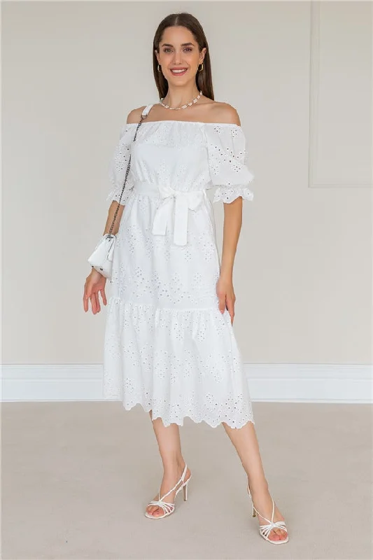 Elastic Shoulder Embroidered Dress - WHITE REF: BBS143ELB0004101