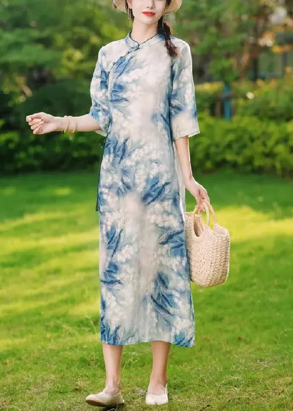 Elegant Blue Button Print Lace Up Linen Long Dresses Summer CG1029