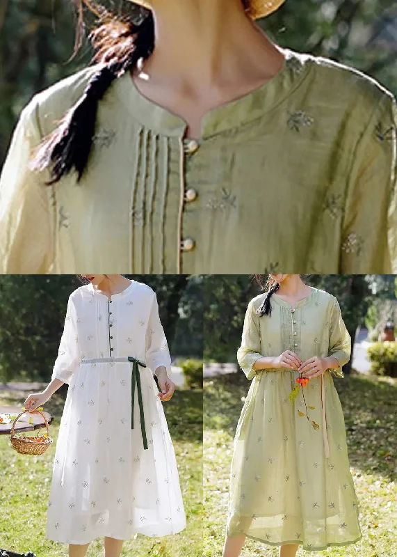 Elegant White Embroidered Button Linen Dress Spring CG1003