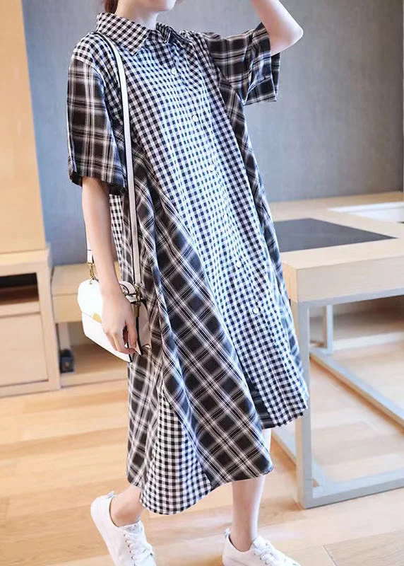 French Black Plaid Patchwork Button Long Shirts Dresses Short Sleeve GH1030