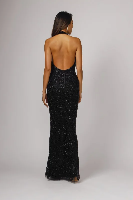 Gibb Hand Beaded Halter Gown - Black