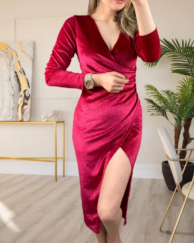 Glittery velvet fabric slit detail double-breasted dress REF: 29934