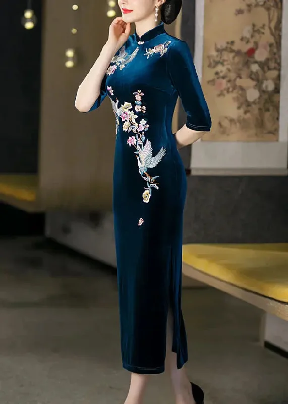 Peacock Blue Silk Velour Dresses Half Sleeve