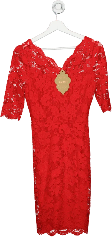 Jolie moi Red V Neck 3/4 Sleeve Lace Dress UK 10