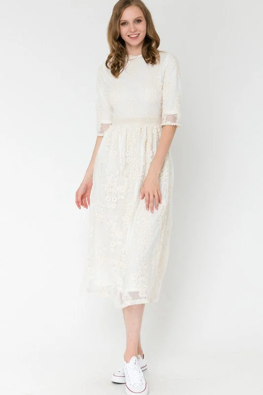 Joy Holiday Embroidered Lace Dress in Ivory