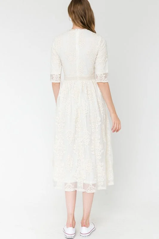 Joy Holiday Embroidered Lace Dress in Ivory