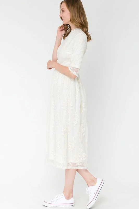 Joy Holiday Embroidered Lace Dress in Ivory