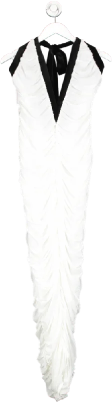 kai White Zara Halter Ruched Backless Mesh Maxi Dress UK L