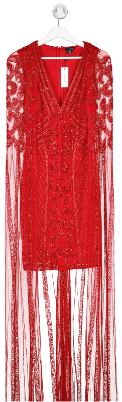 Karen Millen Red Tail Embellished Maxi Dress With Cape UK 6