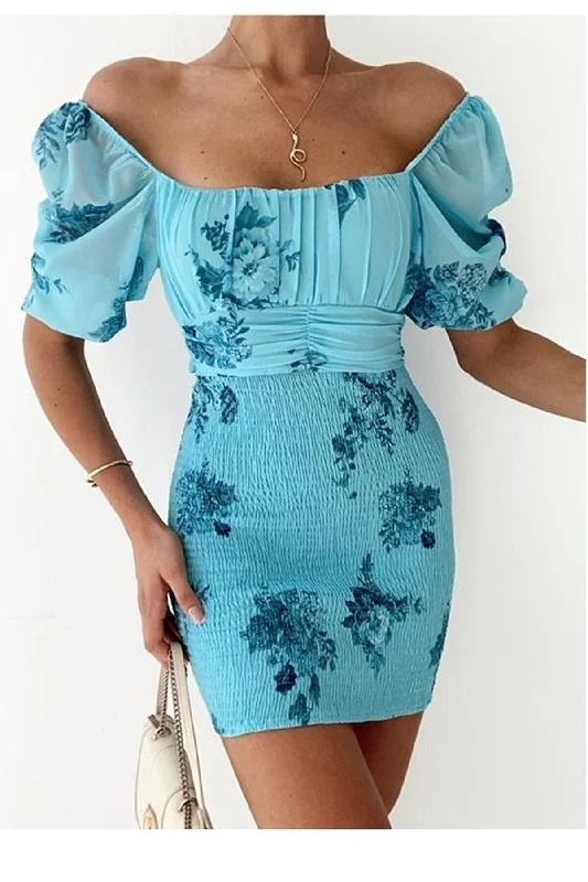 Lace-up Back Detail Gipe Detail Printed Floral Patterned Short Sleeve Blue Dress REF:  112 BS-ETC-112