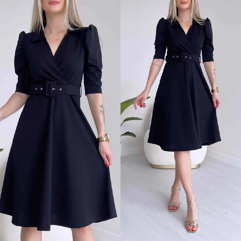 Lisa Belted Midi Length Dress BLACK