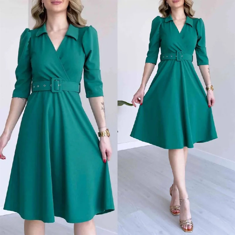 Lisa Belted Midi Length Dress GREEN