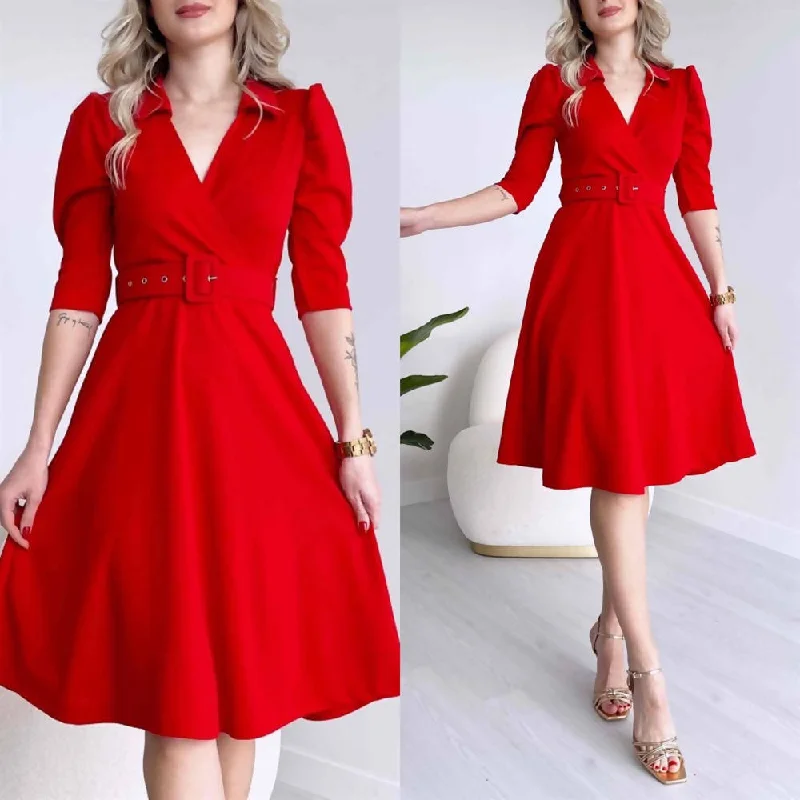 Lisa Belted Midi Length Dress RED