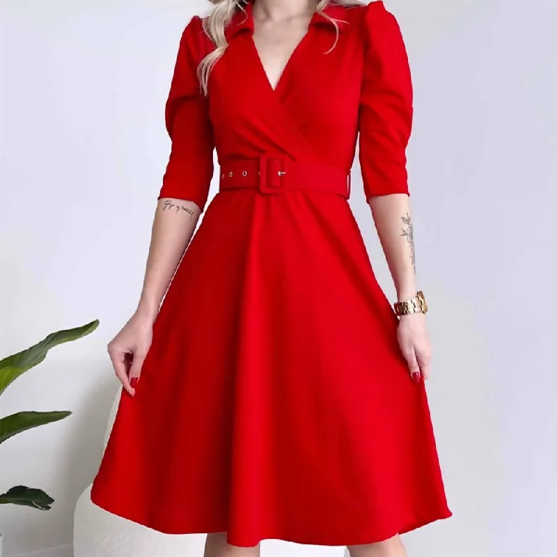 Lisa Belted Midi Length Dress RED