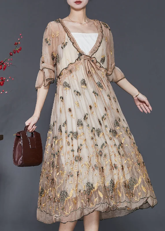 Modern Khaki Ruffled Embroidered Silk Dress Summer SD1095