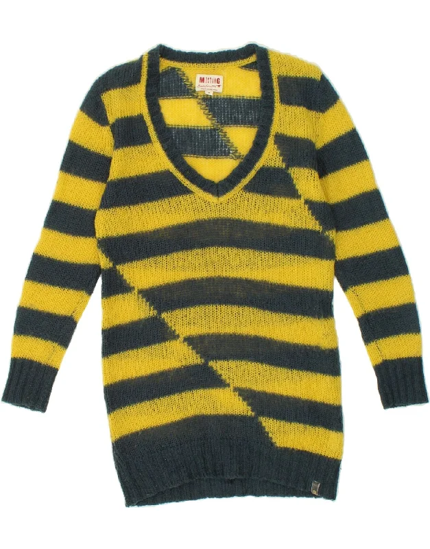 MUSTANG Womens Long Sleeve Jumper Dress UK 10 Small Yellow Striped Acrylic