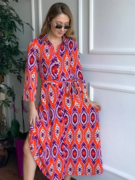 Patterned Shirt dress 21EL090 Orange  REF:049000004 034S