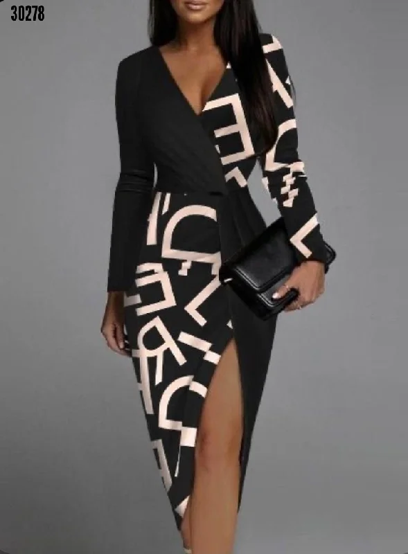 Patterned slit detail dress107 cm REF:30278