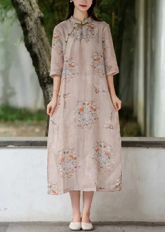 Pink Side Open Print Linen Long Dresses Stand Collar Summer CG1006