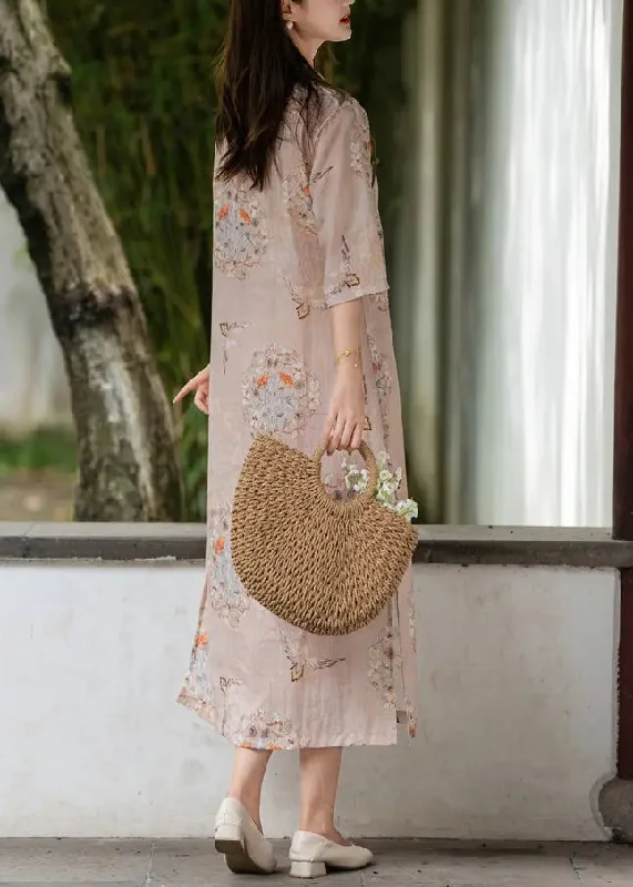 Pink Side Open Print Linen Long Dresses Stand Collar Summer CG1006