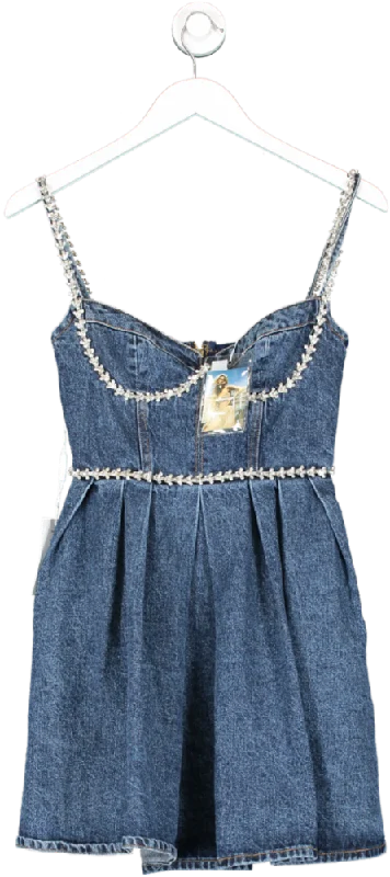 SELF PORTRAIT Blue Crystal-embellished Sweetheart Denim Mini Dress UK 4